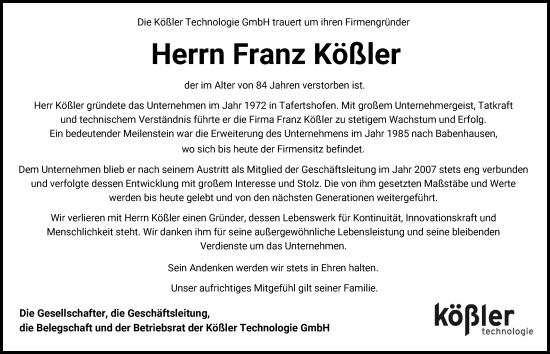 Traueranzeige von Franz Kößler von Illertisser Zeitung