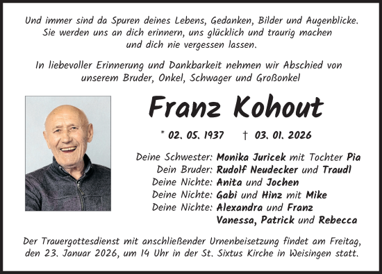 Traueranzeige von Franz Kohout von Donau Zeitung