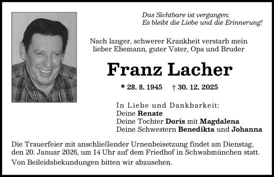Traueranzeige von Franz Lacher von Schwabmünchner Allgemeine