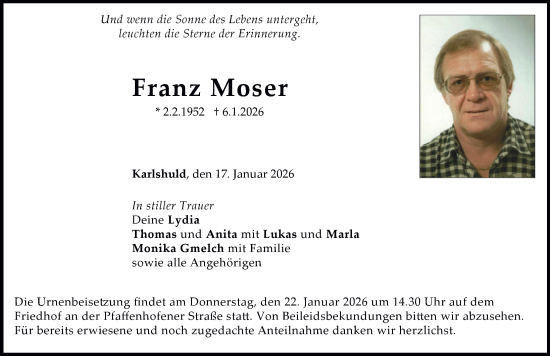 Traueranzeige von Franz Moser von Neuburger Rundschau