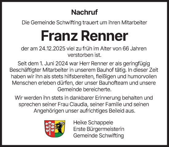 Traueranzeige von Franz Renner von Landsberger Tagblatt