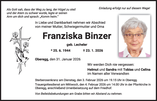Traueranzeige von Franziska Binzer von Mindelheimer Zeitung