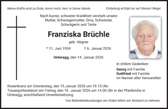 Traueranzeige von Franziska Brüchle von Mindelheimer Zeitung