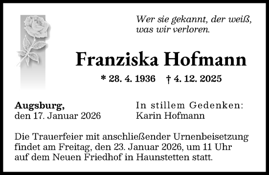 Traueranzeige von Franziska Hofmann von Augsburger Allgemeine