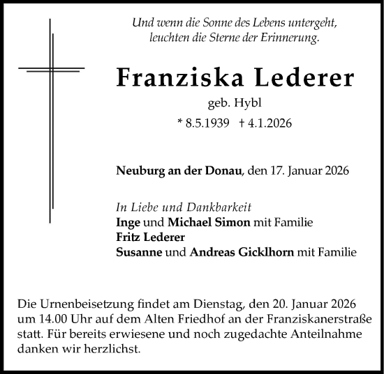 Traueranzeige von Franziska Lederer von Neuburger Rundschau