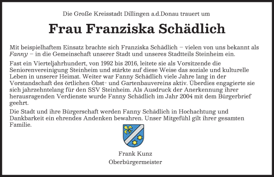 Traueranzeige von Franziska Schädlich von Donau Zeitung