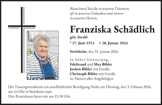 Traueranzeige von Franziska Schädlich von Donau Zeitung