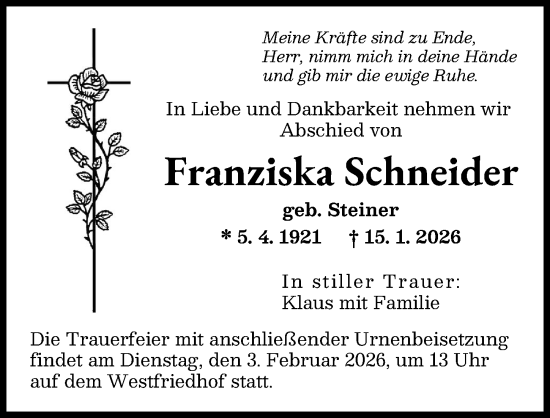 Traueranzeige von Franziska Schneider von Augsburger Allgemeine
