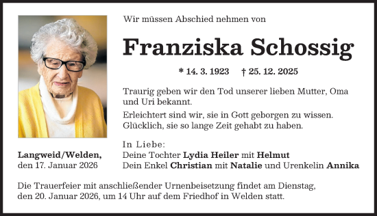Traueranzeige von Franziska Schossig von Augsburg-Land