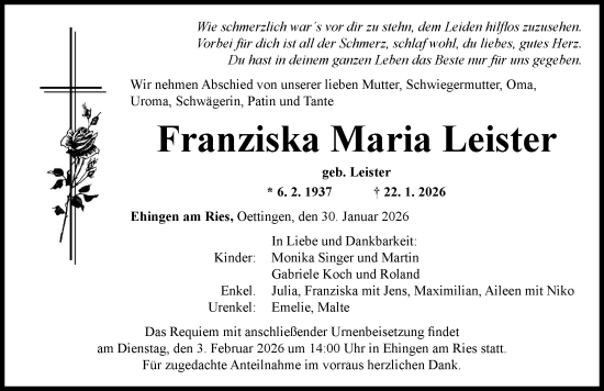 Traueranzeige von Franziska Maria Leister von Rieser Nachrichten
