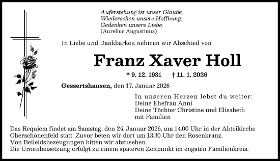 Traueranzeige von Franz Xaver Holl von Augsburger Allgemeine