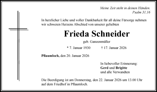 Traueranzeige von Frieda Schneider von Rieser Nachrichten