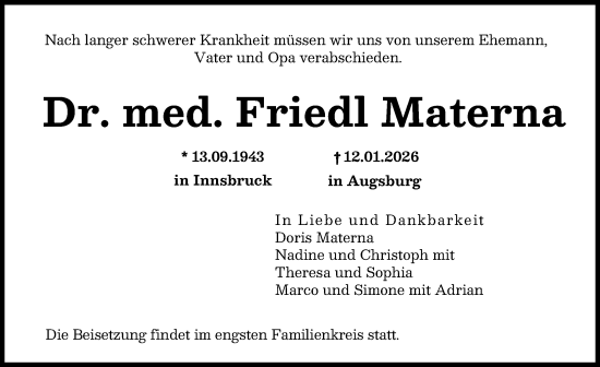 Traueranzeige von Friedl Materna von Augsburger Allgemeine