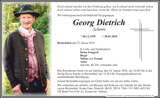 Traueranzeige von Georg Dietrich von Mittelschwäbische Nachrichten
