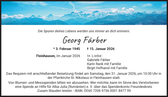 Traueranzeige von Georg Färber von Augsburger Allgemeine