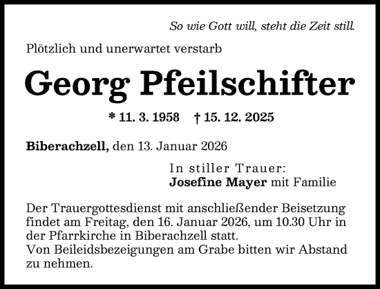 Traueranzeige von Georg Pfeilschifter von Neu-Ulmer Zeitung