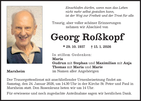 Traueranzeige von Georg Roßkopf von Donauwörther Zeitung