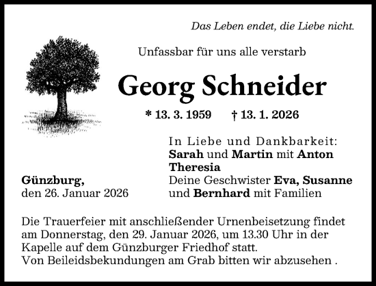 Traueranzeige von Georg Schneider von Günzburger Zeitung