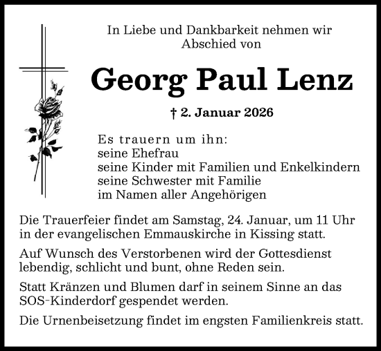 Traueranzeige von Georg Paul Lenz von Augsburger Allgemeine
