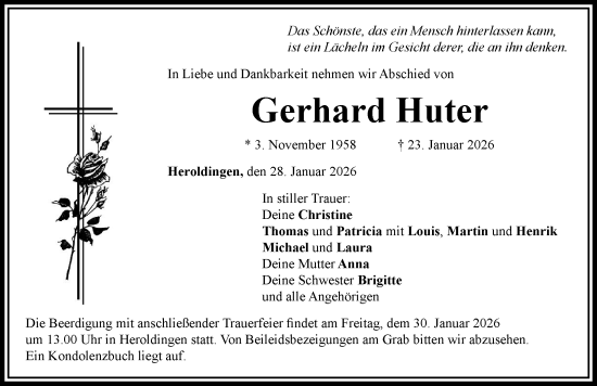 Traueranzeige von Gerhard Huter von Rieser Nachrichten, Donauwörther Zeitung