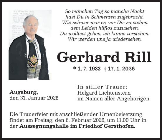 Traueranzeige von Gerhard Rill von Augsburger Allgemeine