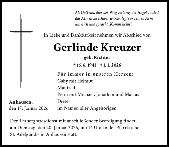 Traueranzeige von Gerlinde Kreuzer von Augsburg-Land