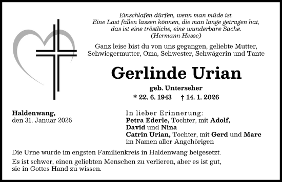 Traueranzeige von Gerlinde Urian von Günzburger Zeitung