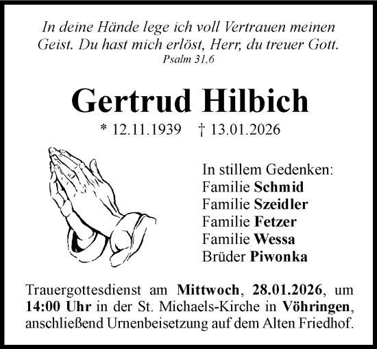 Traueranzeige von Gertrud Hilbich von Illertisser Zeitung