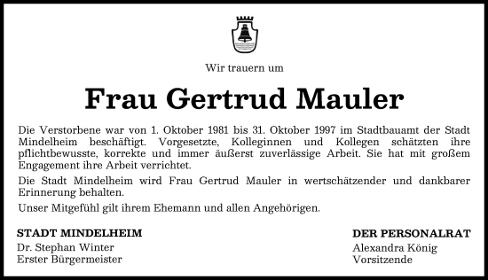 Traueranzeige von Gertrud Mauler von Mindelheimer Zeitung