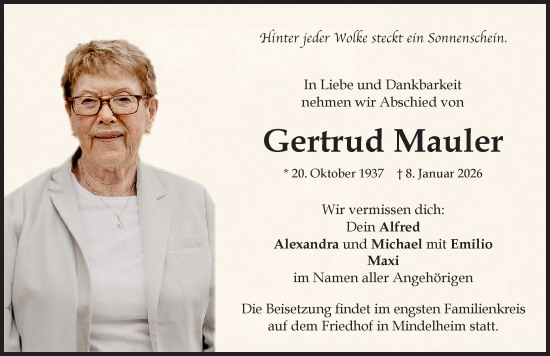 Traueranzeige von Gertrud Mauler von Mindelheimer Zeitung