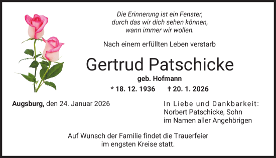 Traueranzeige von Gertrud Patschicke von Augsburger Allgemeine