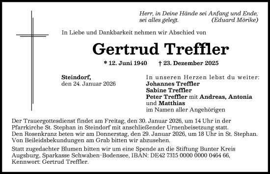 Traueranzeige von Gertrud Treffler von Friedberger Allgemeine
