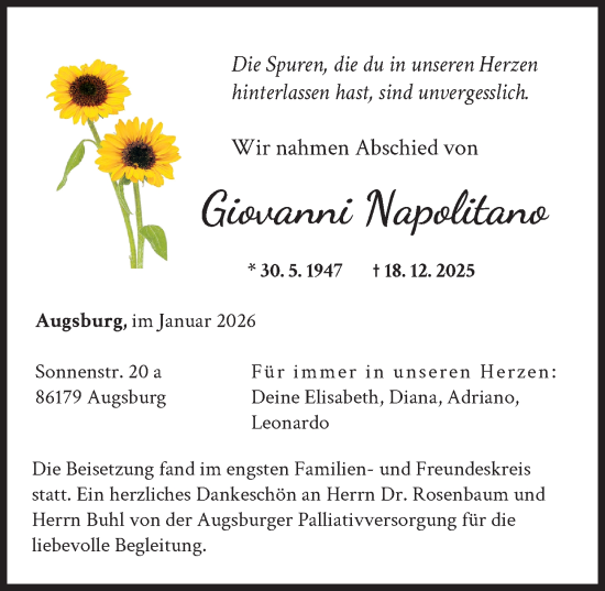 Traueranzeige von Giovanni Napolitano von Augsburger Allgemeine