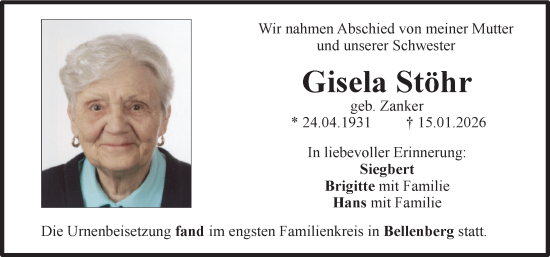 Traueranzeige von Gisela Stöhr von Illertisser Zeitung