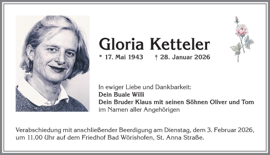 Traueranzeige von Gloria Ketteler von Mindelheimer Zeitung