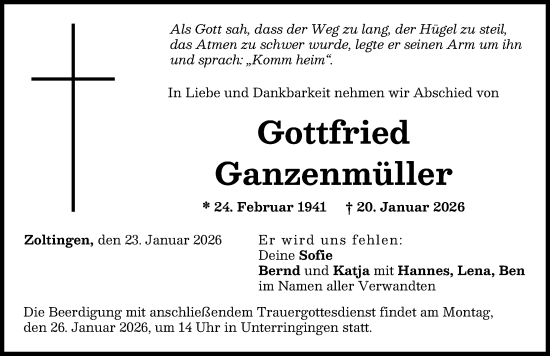 Traueranzeige von Gottfried Ganzenmüller von Rieser Nachrichten