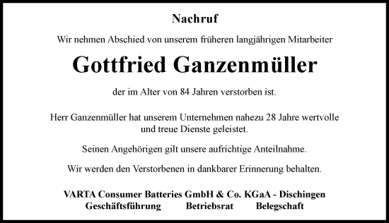 Traueranzeige von Gottfried Ganzenmüller von Rieser Nachrichten