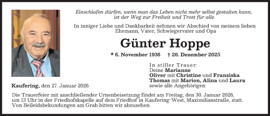 Traueranzeige von Günter Hoppe von Landsberger Tagblatt
