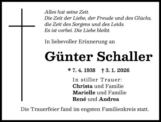 Traueranzeige von Günter Schaller von Augsburg-Land