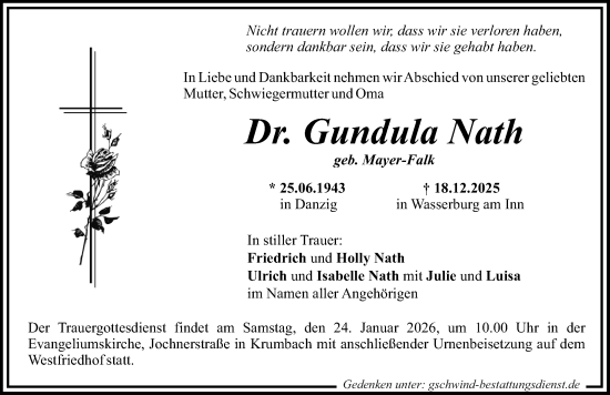 Traueranzeige von Gundula Nath von Mittelschwäbische Nachrichten