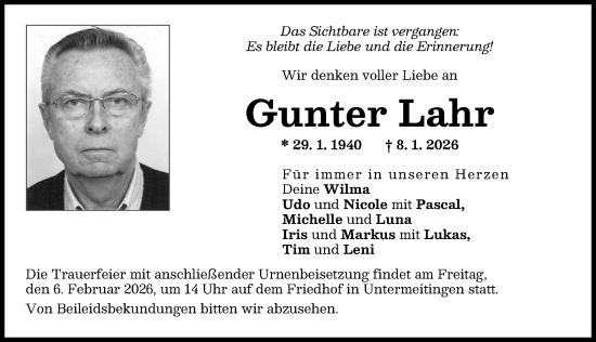 Traueranzeige von Gunter Lahr von Schwabmünchner Allgemeine