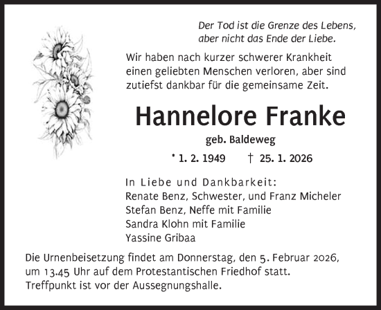 Traueranzeige von Hannelore Franke von Augsburger Allgemeine
