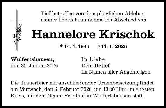Traueranzeige von Hannelore Krischok von Friedberger Allgemeine