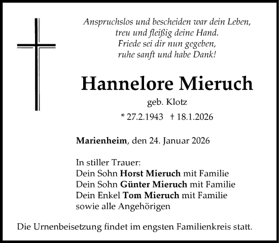 Traueranzeige von Hannelore Mieruch von Neuburger Rundschau