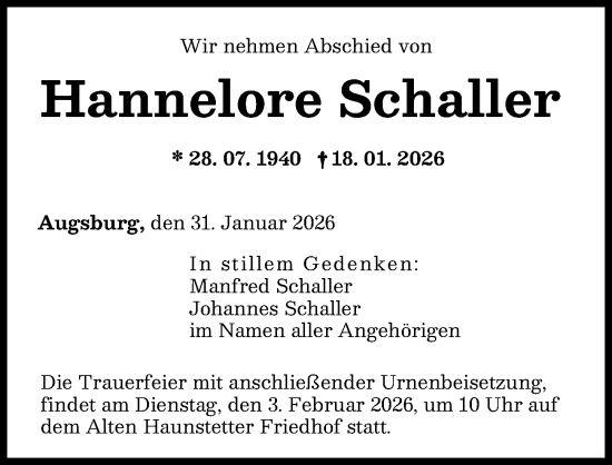 Traueranzeige von Hannelore Schaller von Augsburger Allgemeine