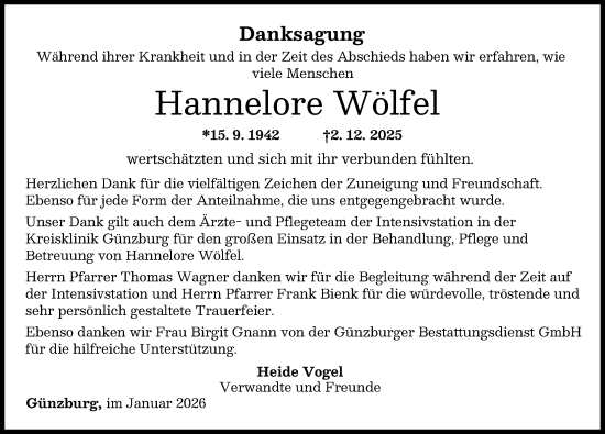 Traueranzeige von Hannelore Wölfel von Günzburger Zeitung