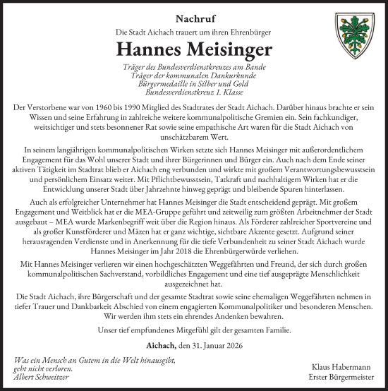 Traueranzeige von Hannes Meisinger von Aichacher Nachrichten