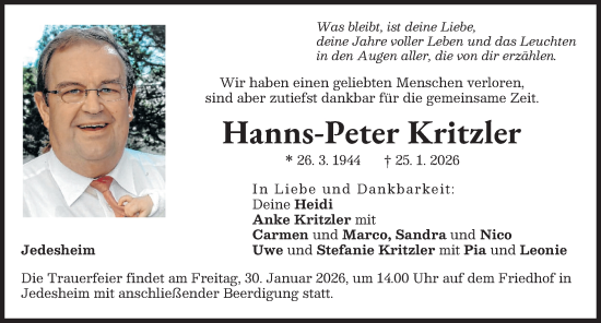 Traueranzeige von Hanns-Peter Kritzler von Illertisser Zeitung