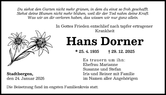 Traueranzeige von Hans Dorner von Augsburger Allgemeine