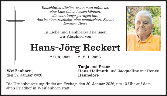 Traueranzeige von Hans-Jörg Reckert von Neu-Ulmer Zeitung